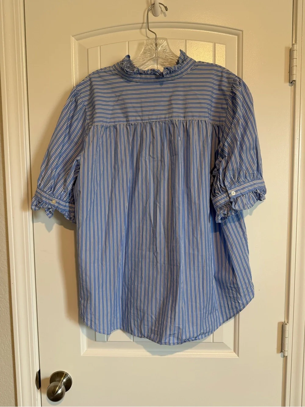 Ann Taylor Blue and White Striped Ruffle Neck Button-Front Blouse